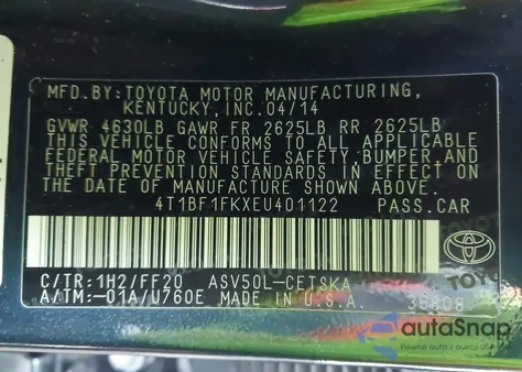 2014 Toyota Camry Se z USA, uszkodzony, nr VIN 4T1BF1FKXEU401122